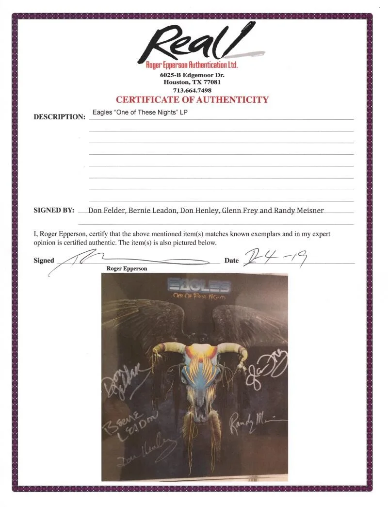 Don Felder, Glenn Frey, Don Henley, Bernie Leadon, Randy Meisner — Eagles Signed Autograph Album Vinyl Record LP - Don Henley Frey Walsh +2 JSA COA, image 4