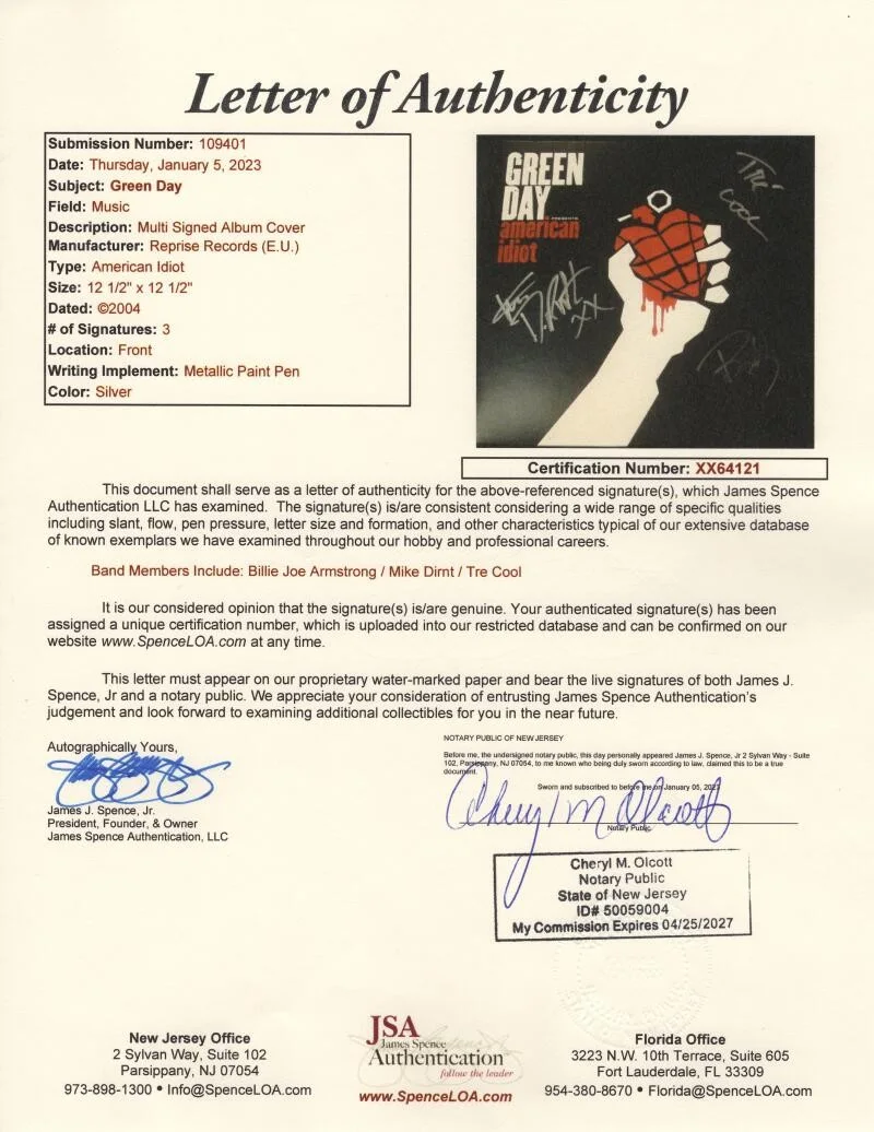 Billie Joe Armstrong, Tre Cool, Mike Dirnt — Green Day Full Band Signed Autograph American Idiot Album Vinyl Record JSA COA, изображение 4
