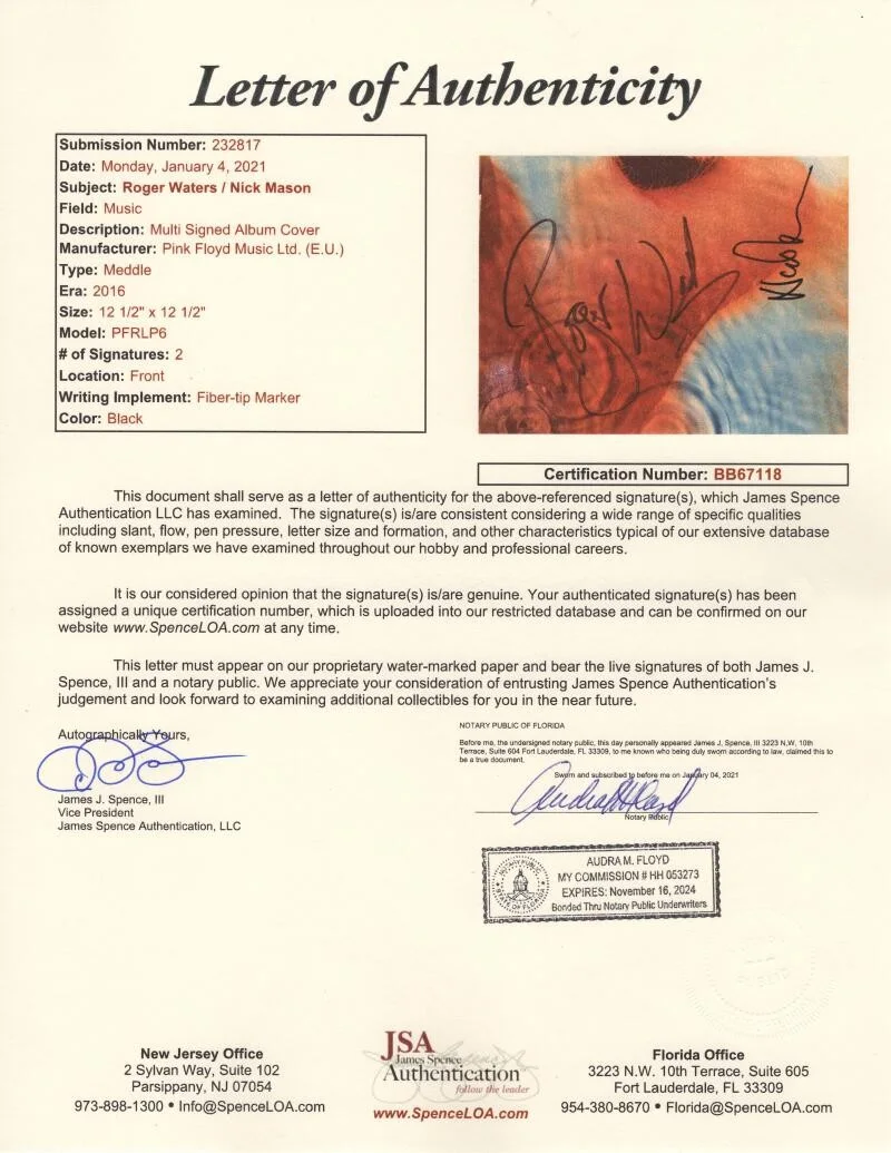 Nick Mason, Roger Waters — Roger Waters & Nick Mason Signed Autograph Pink Floyd Album Vinyl Record JSA COA, изображение 4