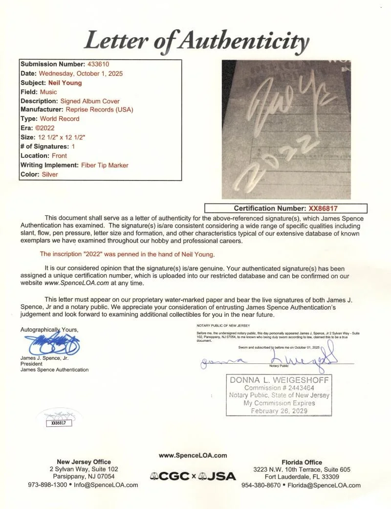 Neil Young — Neil Young Signed Autograph Crazy Horse World Record Album Vinyl Record JSA COA, image 3