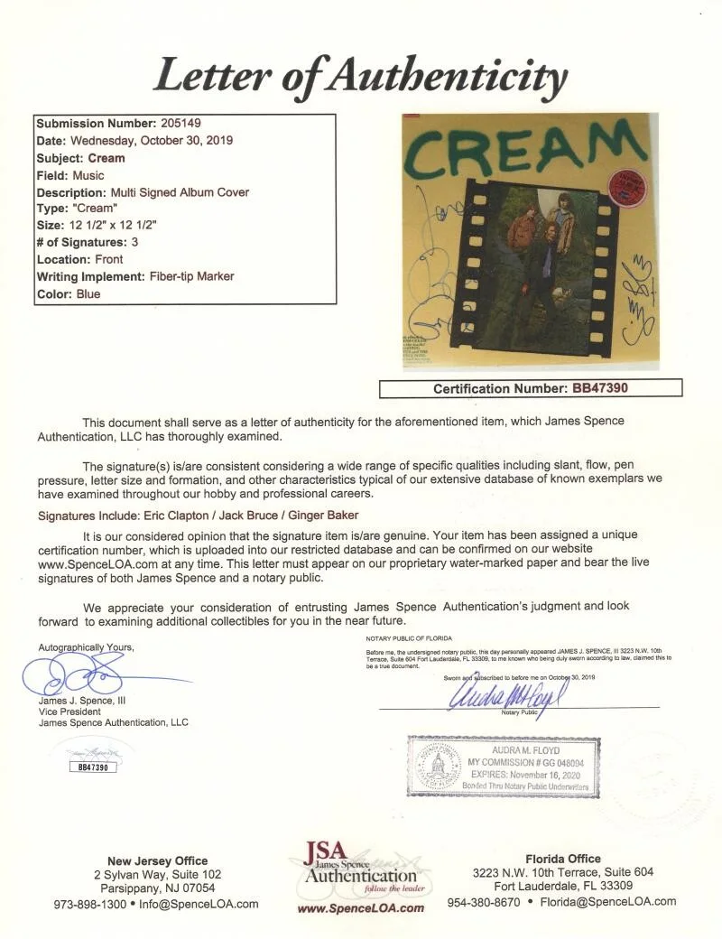 Ginger Baker, Jack Bruce, Eric Clapton — Eric Clapton Ginger Baker & Jack Bruce Signed Cream Album Vinyl Record JSA COA, image 3