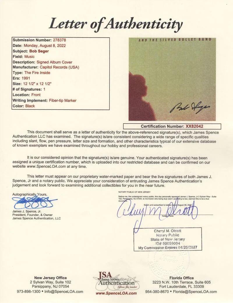 Bob Seger — Bob Seger Signed Autograph The Fire Inside Album Vinyl Record - RARE! w/ JSA COA, изображение 4