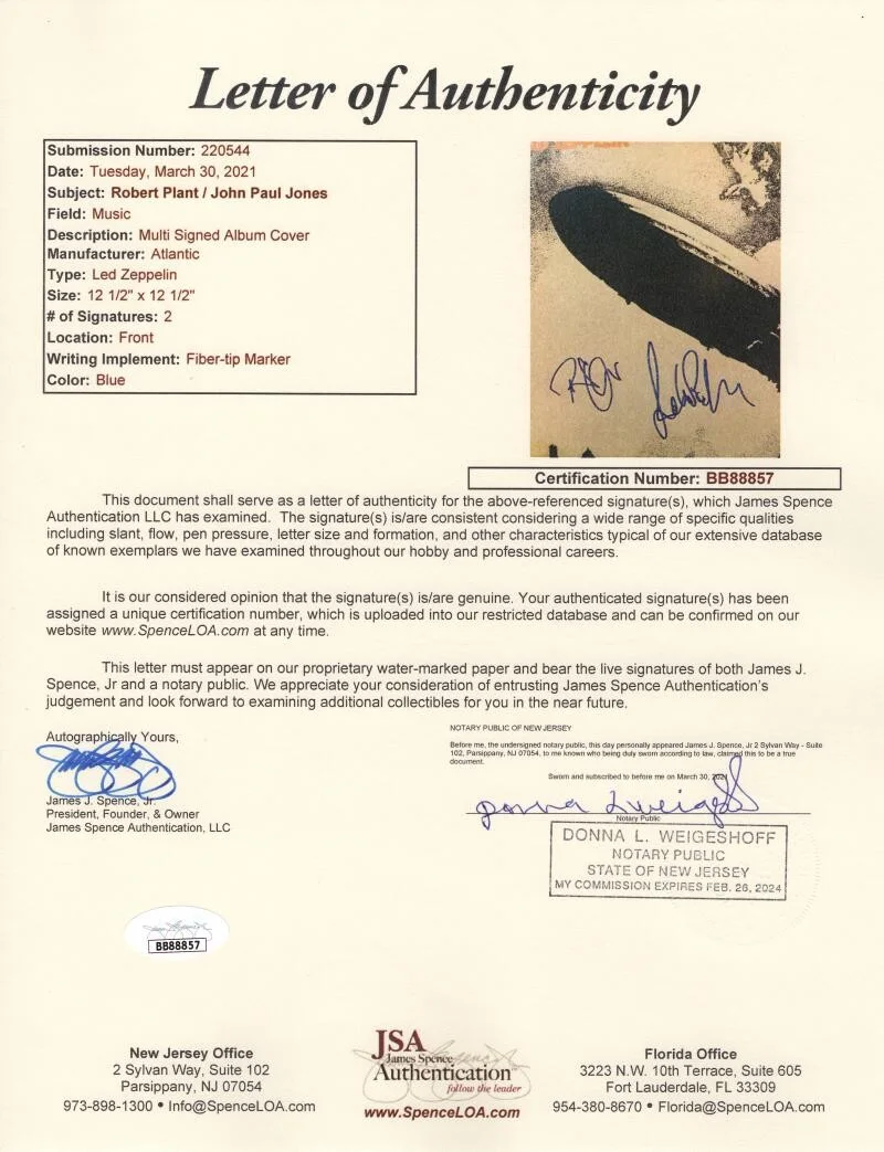John Paul Jones, Robert Plant — Robert Plant John Paul Jones Signed Autograph Led Zeppelin Album Record JSA COA, изображение 3