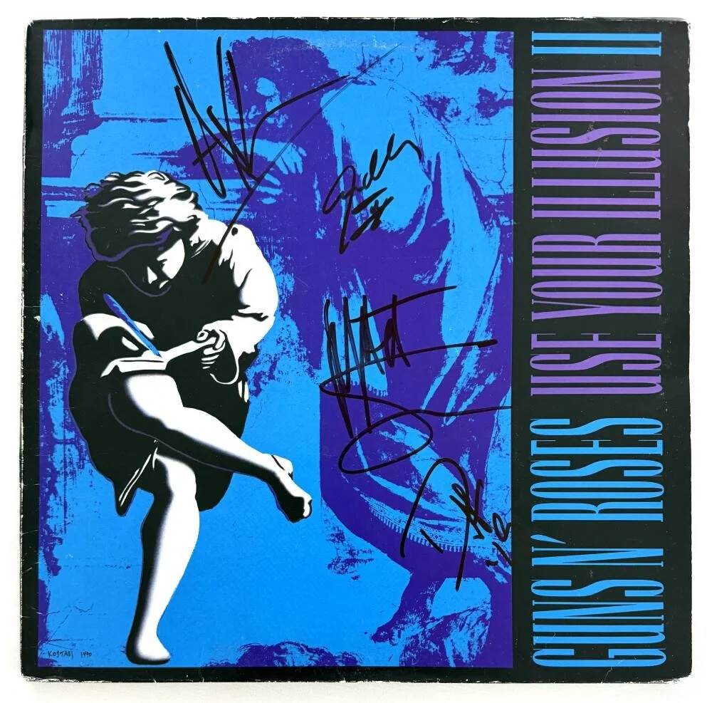 Steven Adler, Duff McKagan, Axl Rose, Matt Sorum — Guns N Roses GNR Signed Autograph Illusion Album Record - Axl Rose +3 w/ JSA COA
