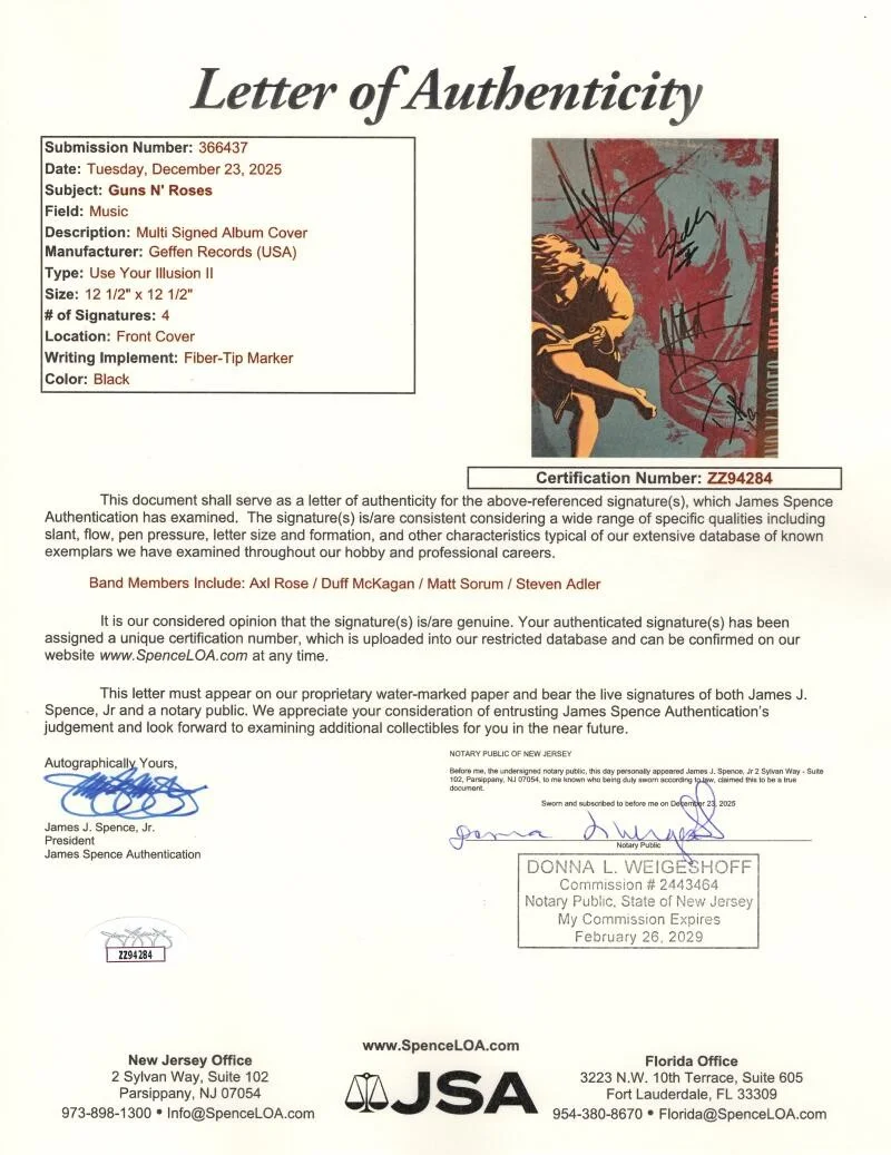Steven Adler, Duff McKagan, Axl Rose, Matt Sorum — Guns N Roses GNR Signed Autograph Illusion Album Record - Axl Rose +3 w/ JSA COA, image 5