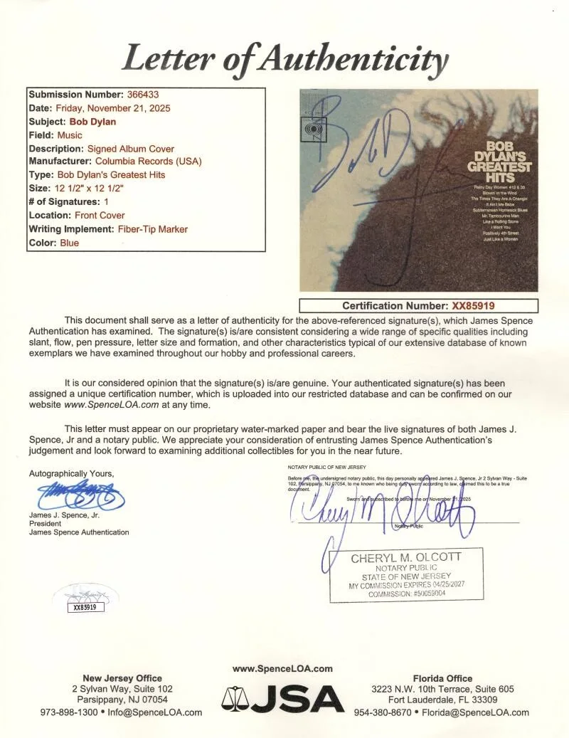 Bob Dylan — Bob Dylan Signed Autograph Greatest Hits Album Vinyl Record LP - RARE! JSA COA, изображение 3