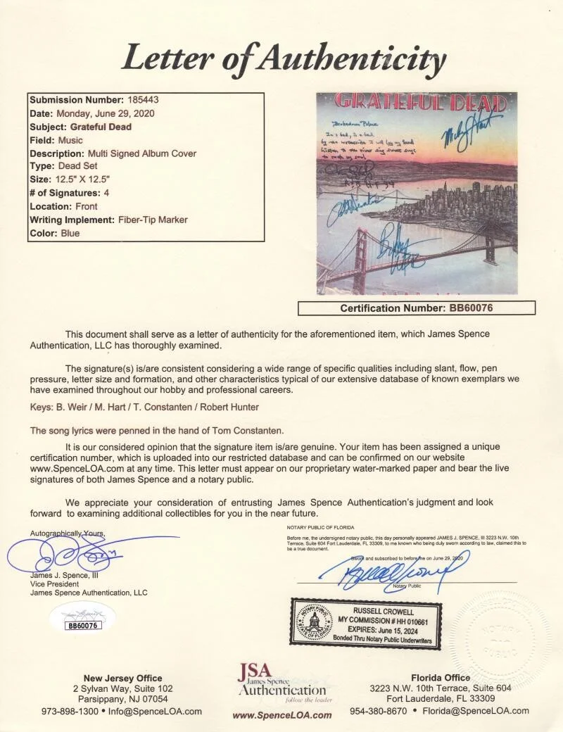 Tom Constanten, Mickey Hart, Robert Hunter, Bob Weir — Grateful Dead Signed Autograph Record - Bob Weir +3 w/ Handwritten Lyrics JSA, image 3