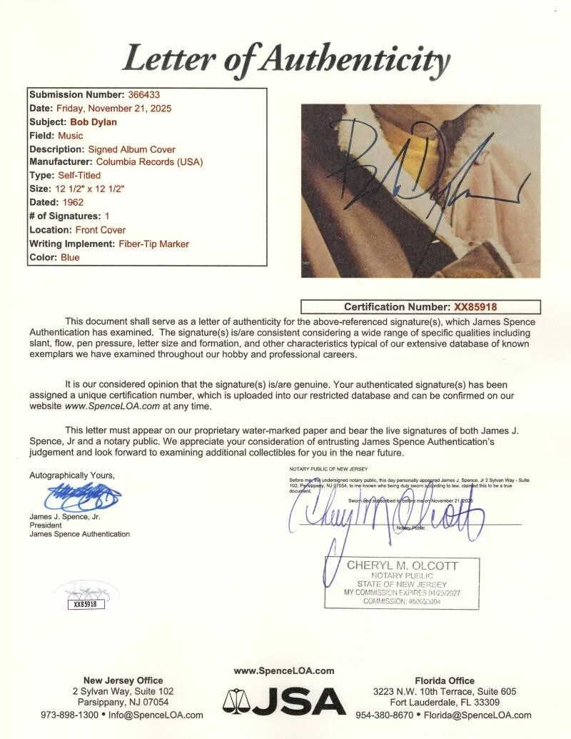 Bob Dylan — Bob Dylan Signed Autograph Album Vinyl Record LP - INCREDIBLY RARE! w/ JSA COA, изображение 3