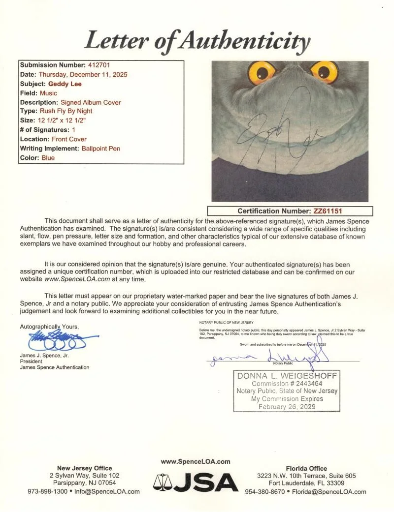 Geddy Lee — Geddy Lee Rush Signed Autograph Fly By Night Album Vinyl Record LP w/ JSA COA, image 5