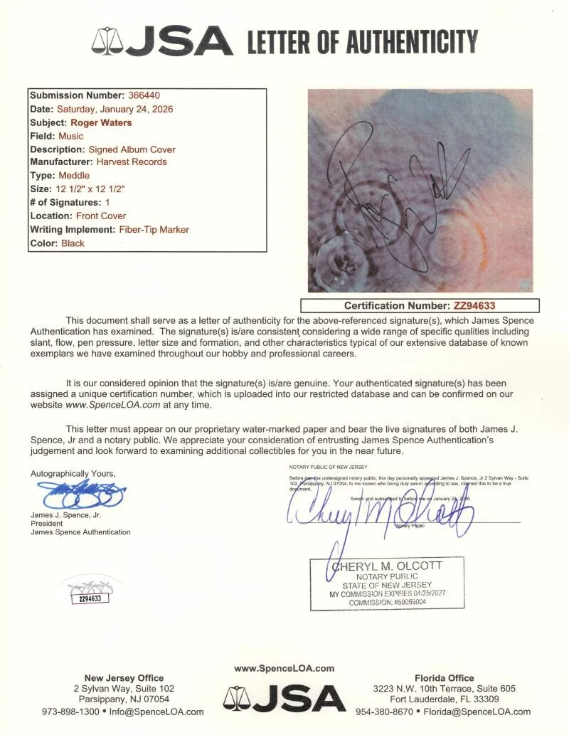Roger Waters — Roger Waters Pink Floyd Signed Autograph Meddle Album Vinyl Record w/ JSA COA, изображение 3