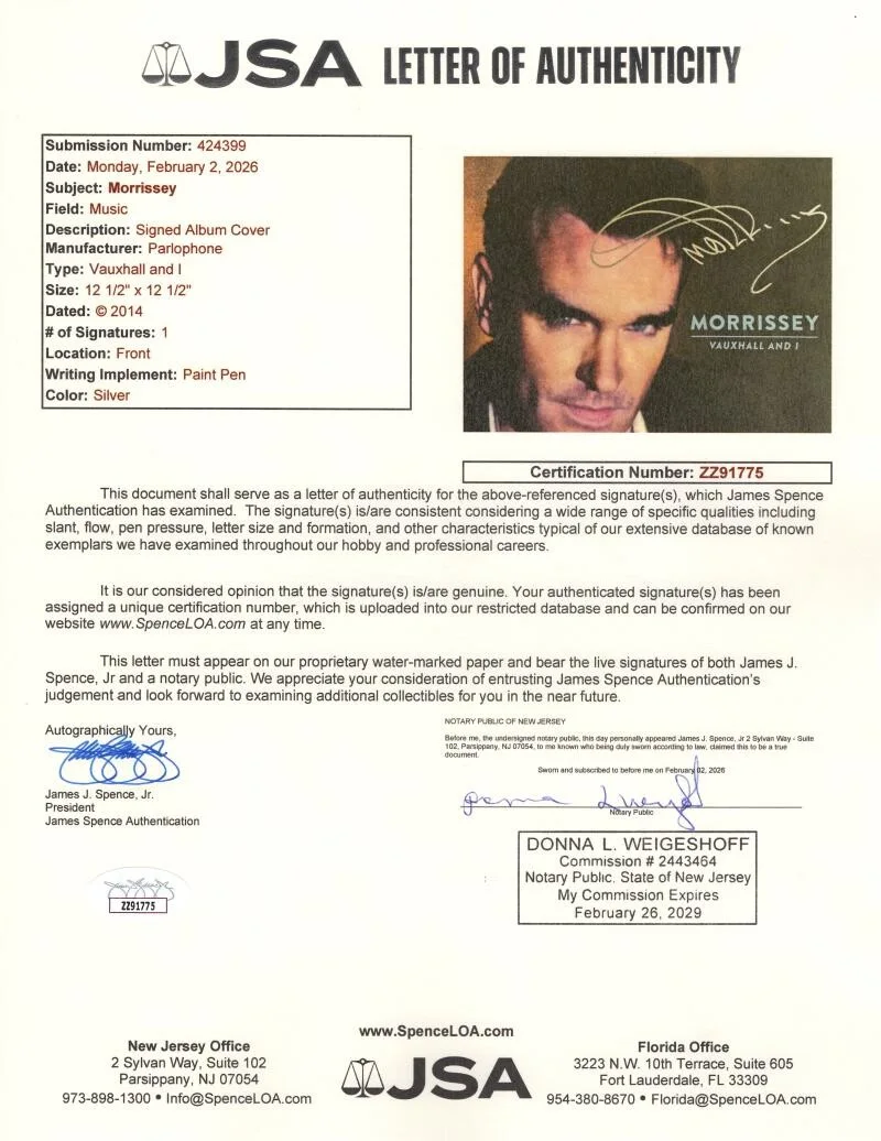 Morrissey — Morrissey The Smith Signed Autograph Vauxhall and I Album Vinyl Record - JSA COA, image 3