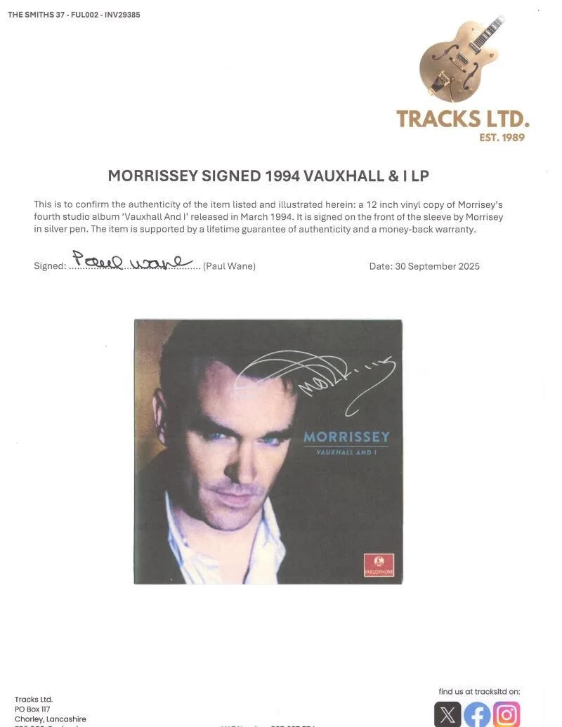 Morrissey — Morrissey The Smith Signed Autograph Vauxhall and I Album Vinyl Record - JSA COA, image 4