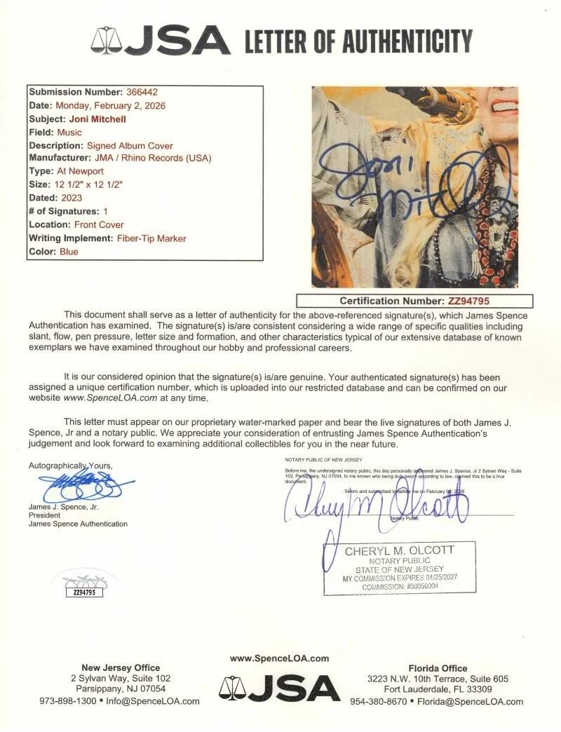 Joni Mitchell — Joni Mitchell at Newport Signed Autograph Album Vinyl Record LP w/ JSA COA, image 3