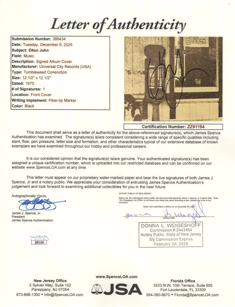 Elton John — Elton John Signed Autograph Tumbleweed Connection Album Vinyl Record w/ JSA COA, изображение 4