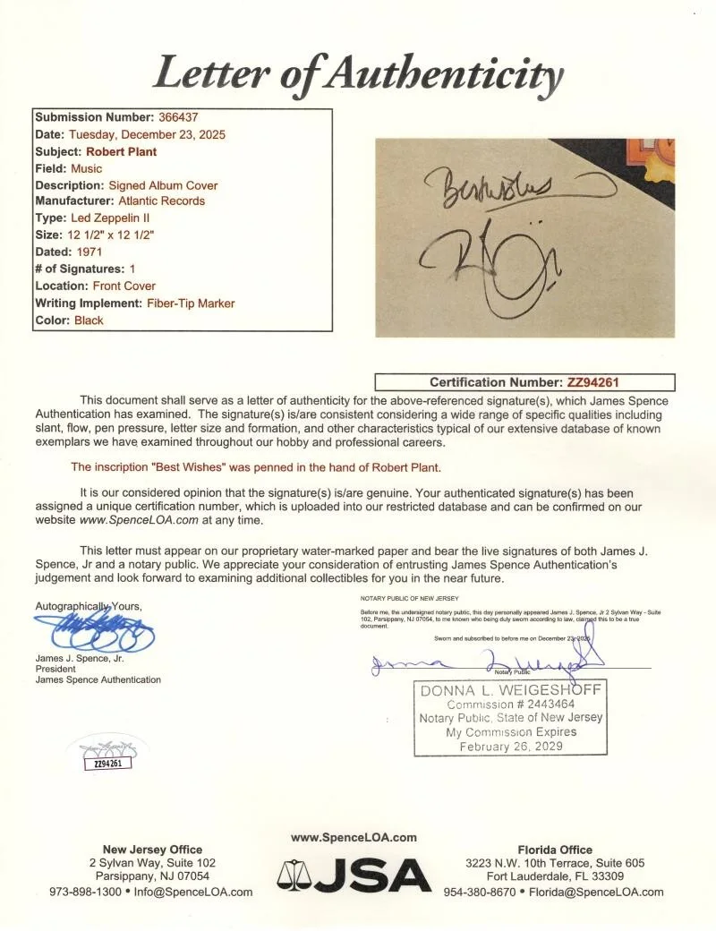 Robert Plant — Robert Plant Led Zeppelin II Signed Autograph Album Vinyl Record w/ JSA COA, изображение 4