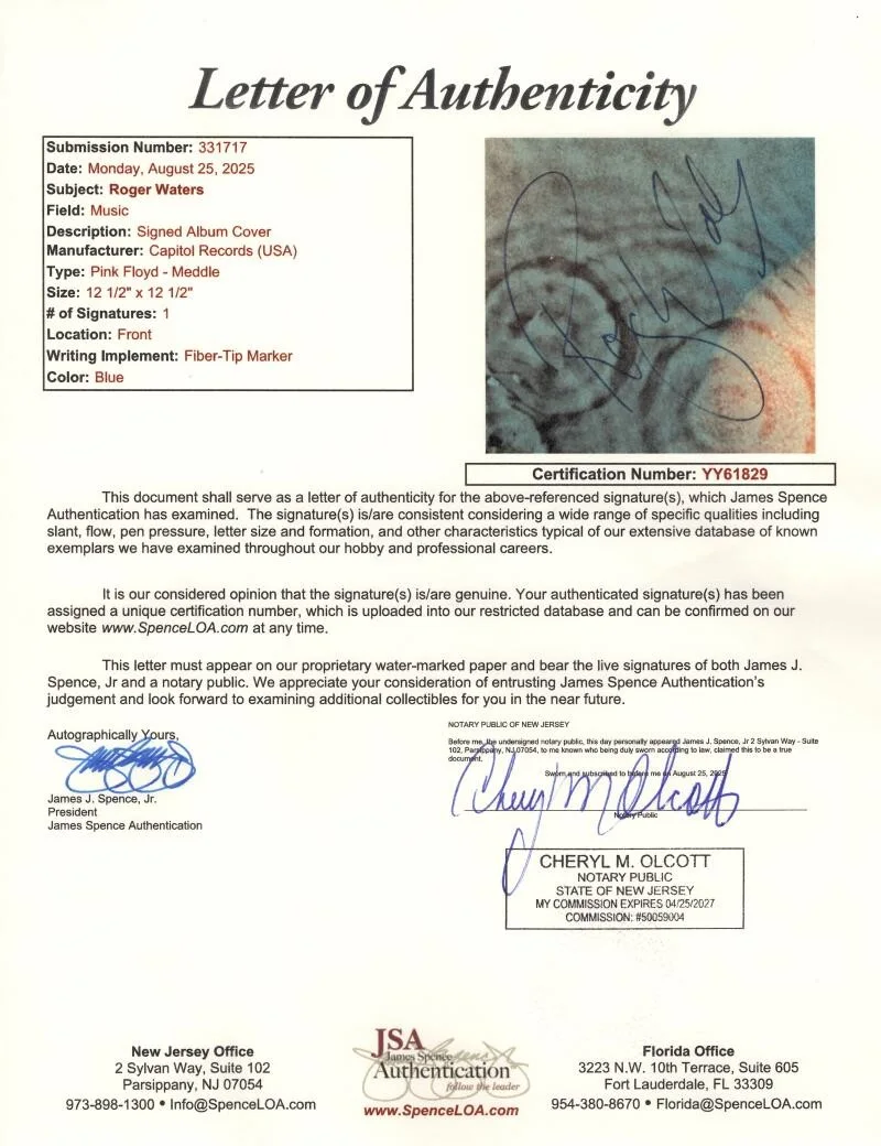 Roger Waters — Roger Waters Pink Floyd Signed Autograph Meddle Album Vinyl Record LP w/ JSA COA, изображение 4