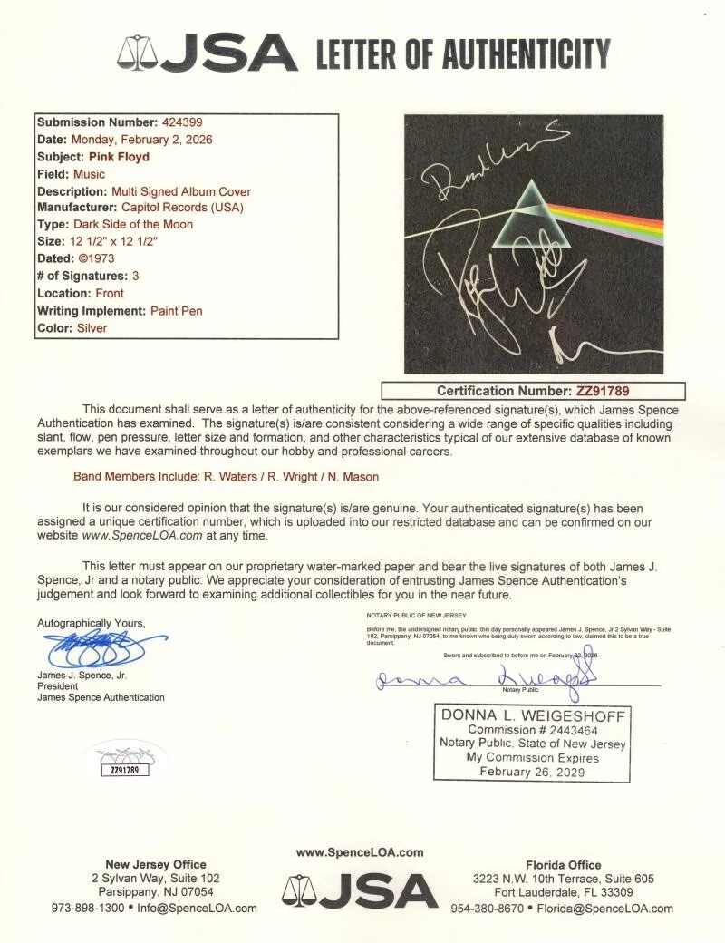 Nick Mason, Roger Waters, Richard Wright — Roger Waters Richard Wright Nick Mason Signed Pink Floyd Dark Side Album JSA COA, image 3