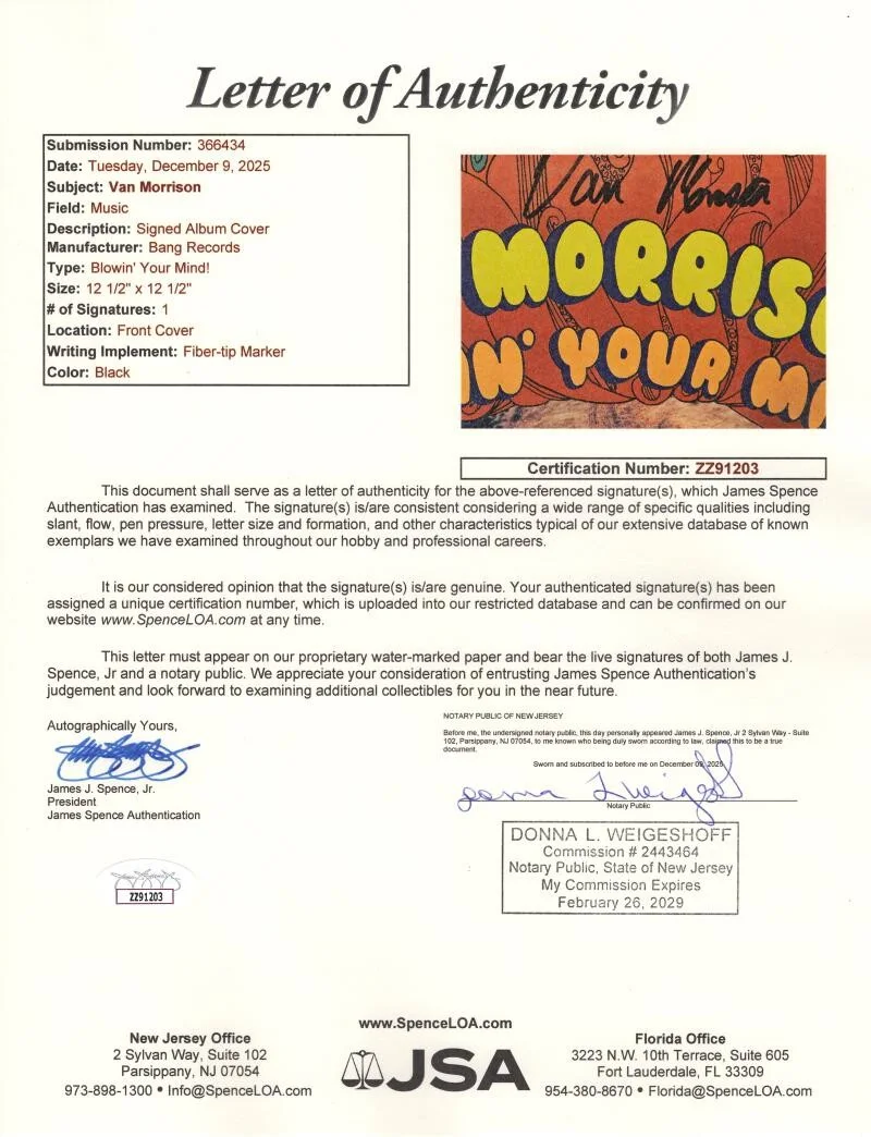 Van Morrison — Van Morrison Signed Autograph Blowin Your Mind! Album Vinyl Record LP w/ JSA COA, изображение 3
