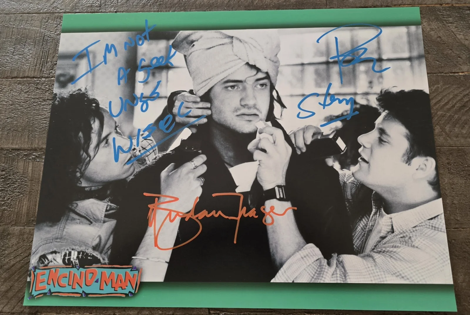 Brendan Fraser, Pauly Shore — Brendan Fraser & Pauly Shore Signed 11x14 Encino Man Leeloo Multiprops KAPOW