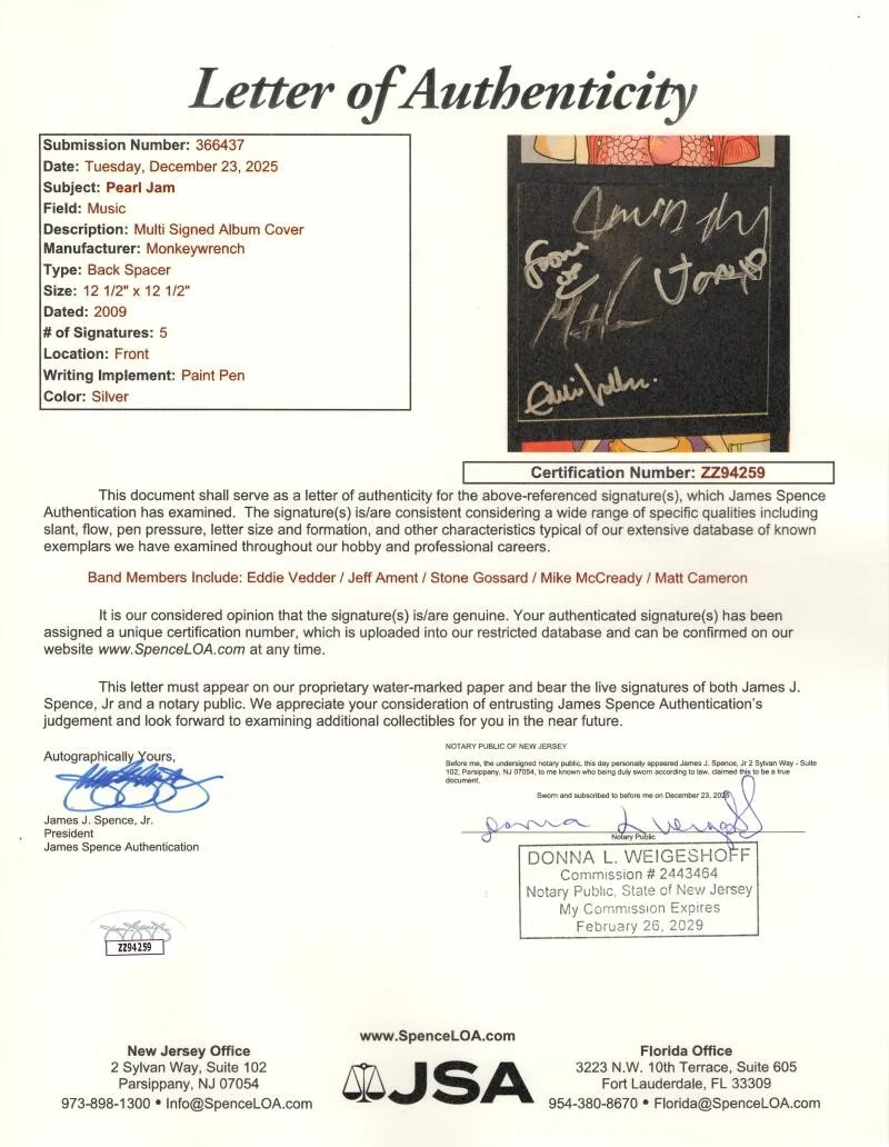 Jeff Ament, Matt Cameron, Stone Gossard, Mike McCready, Eddie Ved — Pearl Jam Band Signed Autograph Album Record - Eddie Vedder Jeff Mike ++ JSA COA, image 3