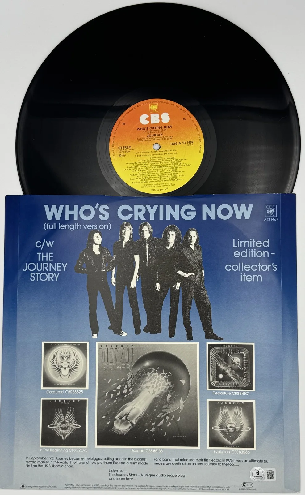 Steve Perry — Steve Perry signed Who's Crying Now L/E Journey Vinyl Record autograph BAS K41, image 3