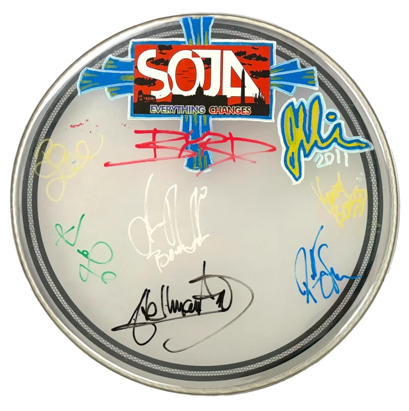 Ryan Berty, Ken Brownell, Hellman Escorcia, Jacob Hemphill, Bobby — SOJA Full Band Complete x8 Signed Autograph 14" Drum Head Skin Drumhead JSA COA
