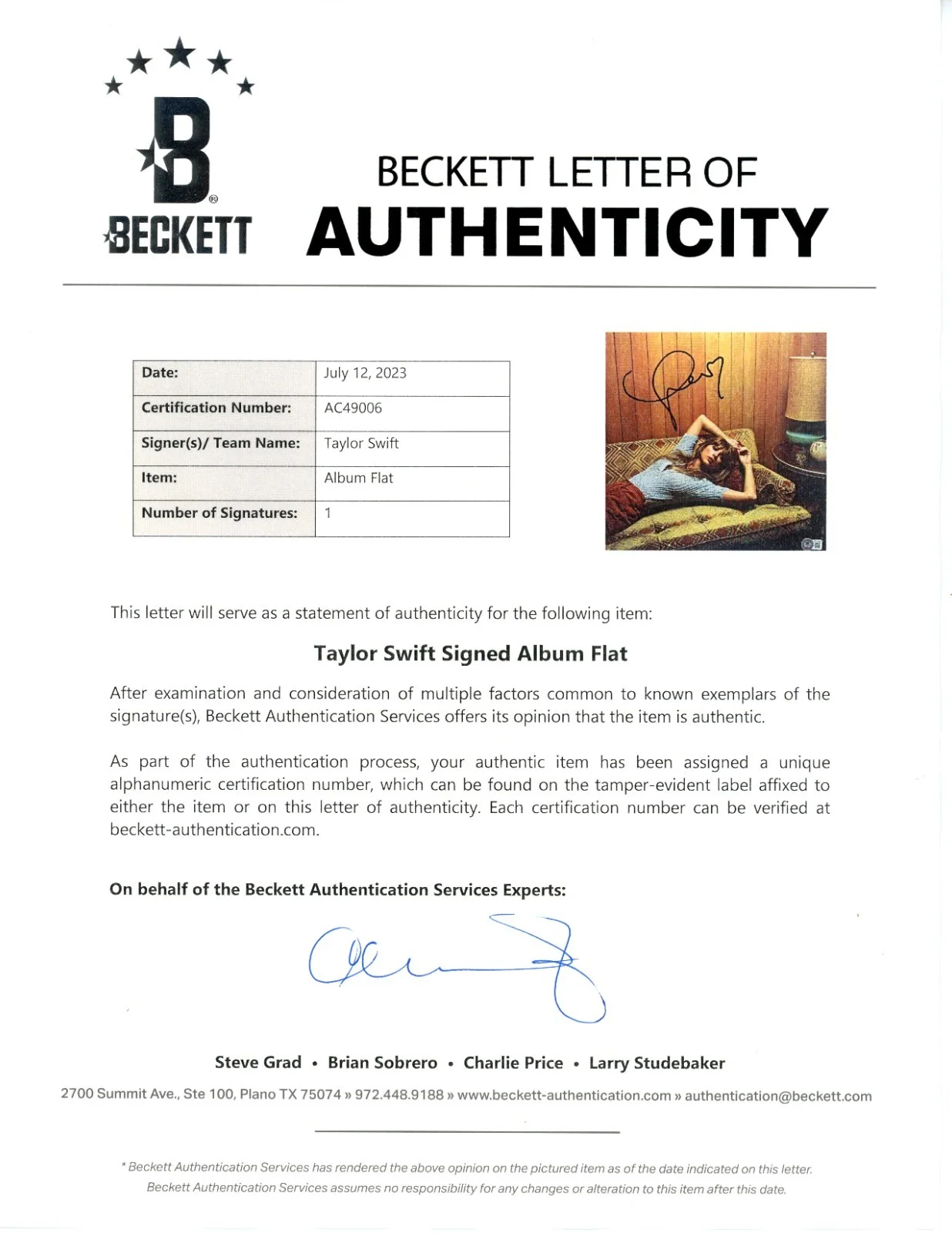 Taylor Swift Signed Midnights Photo Insert Vinyl LP Beckett BAS COA Heart Auto, изображение 2