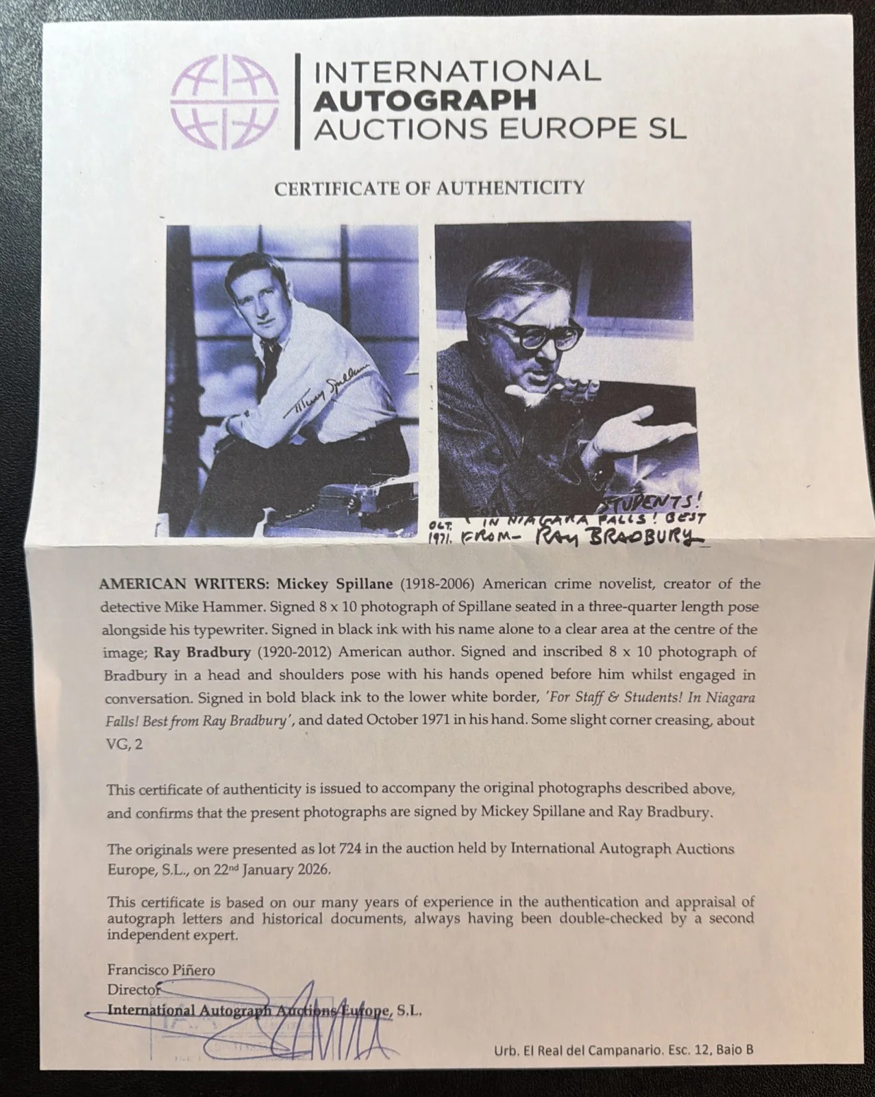 Mickey Spillane — Mickey Spillane Signed 8x10 Photo Autograph Mike Hammer Author I The Jury, image 3