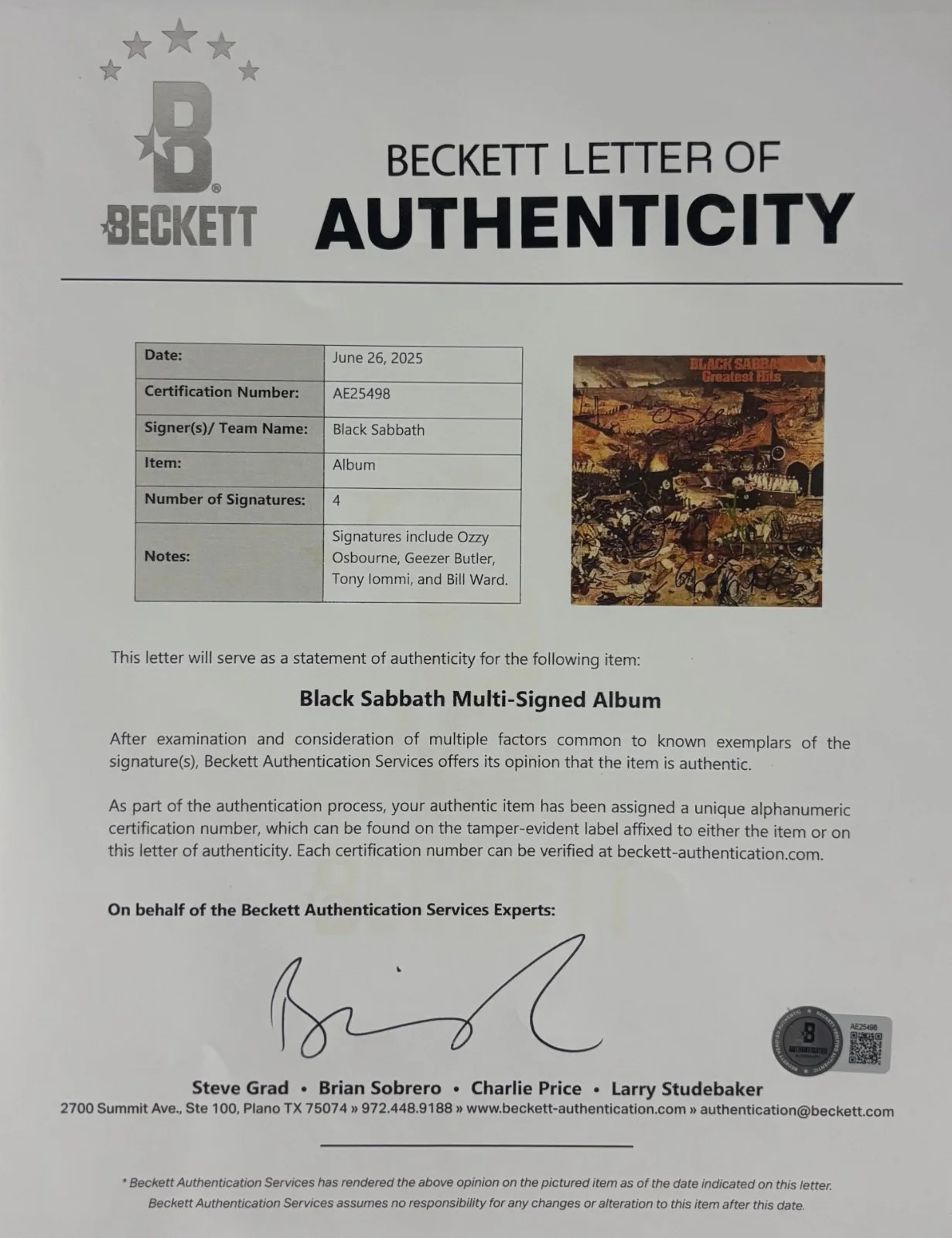 Black Sabbath Group Signed Album Ozzy Osbourne Butler Iommi Ward Beckett BAS, image 2