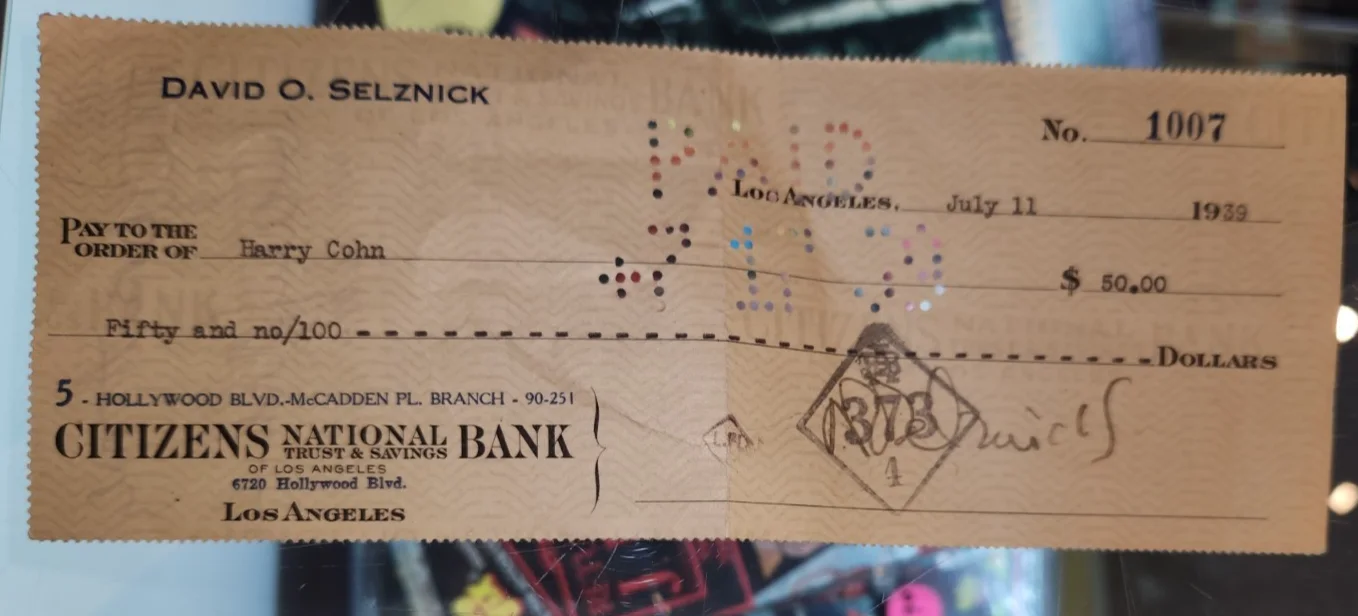 David O Selznick — DAVID O SELZNICK Check to Producer Harry Cohn SIGNED 1939 Autograph Signature