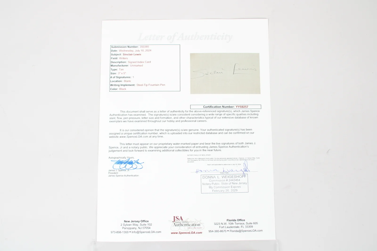 Sinclair Lewis Signed Cut Nobel Prize in Literature - COA JSA, изображение 5