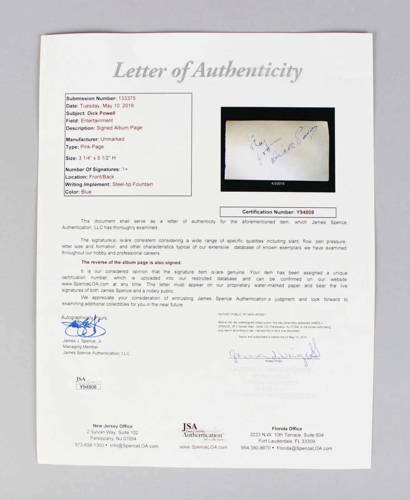 Dick Powell Signed Album Page - COA JSA, image 3