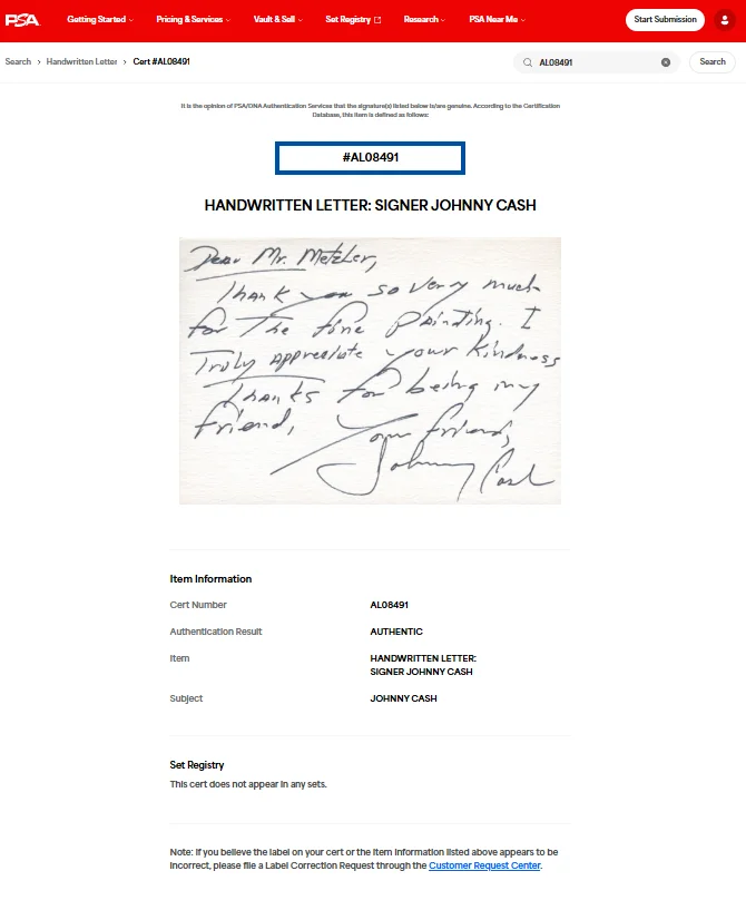 JOHNNY CASH SIGNED THANK YOU NOTE/CARD! PSA AUTHENTICATED SIGNATURE/AUTO!, image 5