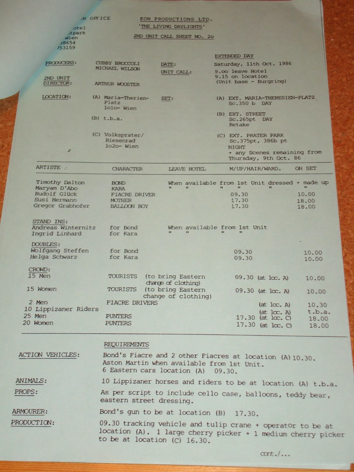 JAMES BOND: LIVING DAYLIGHTS -Original production call sheet -11/10/86 -2nd unit, image 2