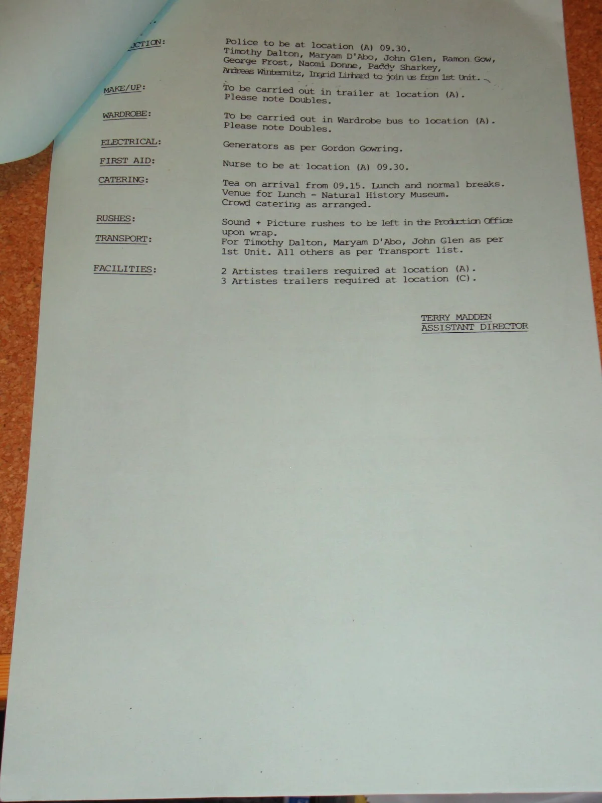 JAMES BOND: LIVING DAYLIGHTS -Original production call sheet -11/10/86 -2nd unit, image 3