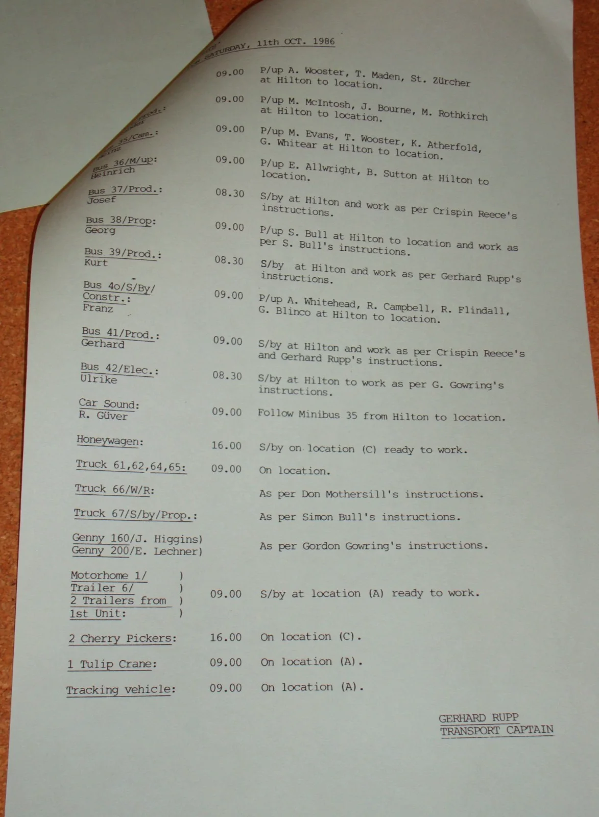 JAMES BOND: LIVING DAYLIGHTS -Original production call sheet -11/10/86 -2nd unit, image 4