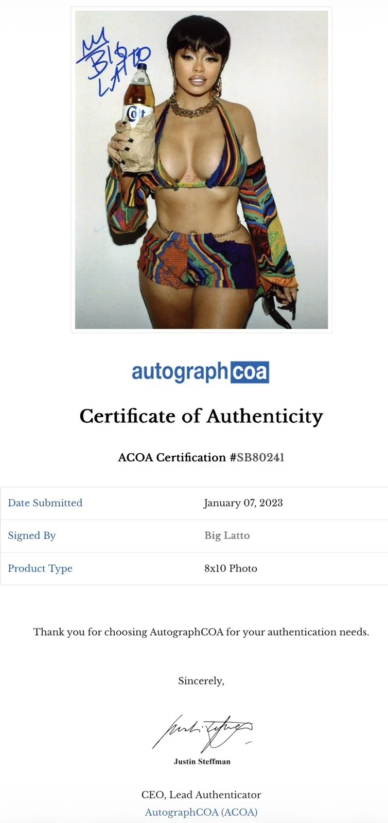 Big Latto Mulatto Signed Autographed 8x10 Photo ACOA Authenticated, image 3