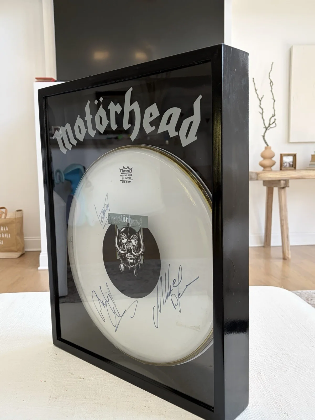 Phil Campbell, Mikkey Dee, Lemmy Kilmister — Motorhead Signed Autograph 14" Drumhead With Case- Lemmy Kilmister Mikkey Phil, image 2