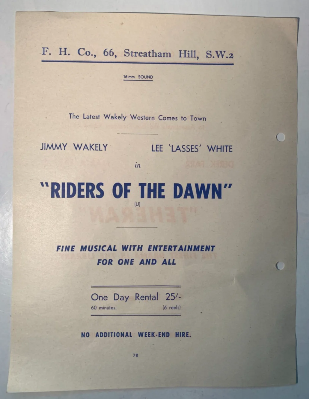 1950s Rare Original British Cinema Rental Flyer - Teheran, Riders of the Dawn, изображение 2