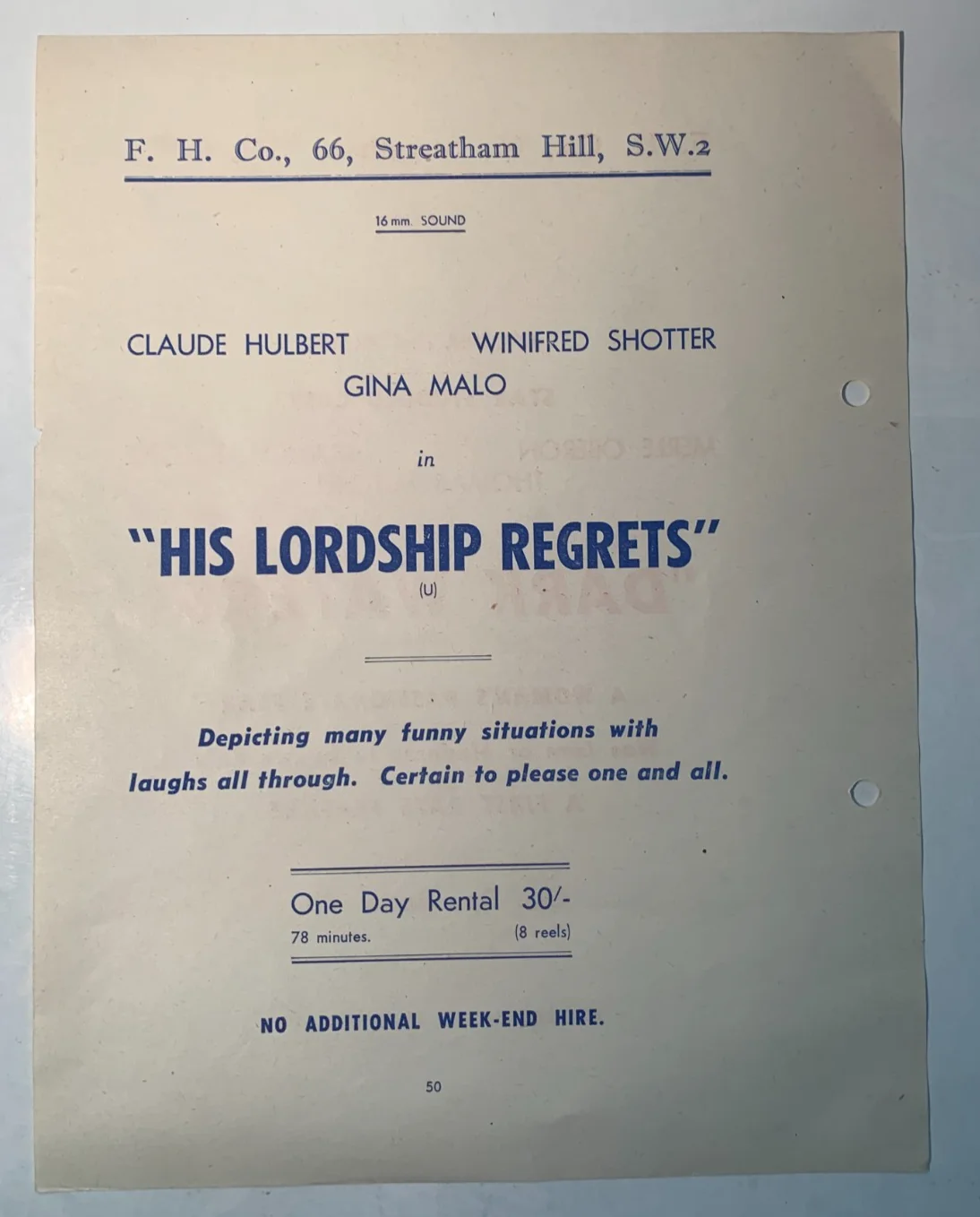 1950s Rare Original British Cinema Rental Flyer - Dark Waters, His Lordship, изображение 2