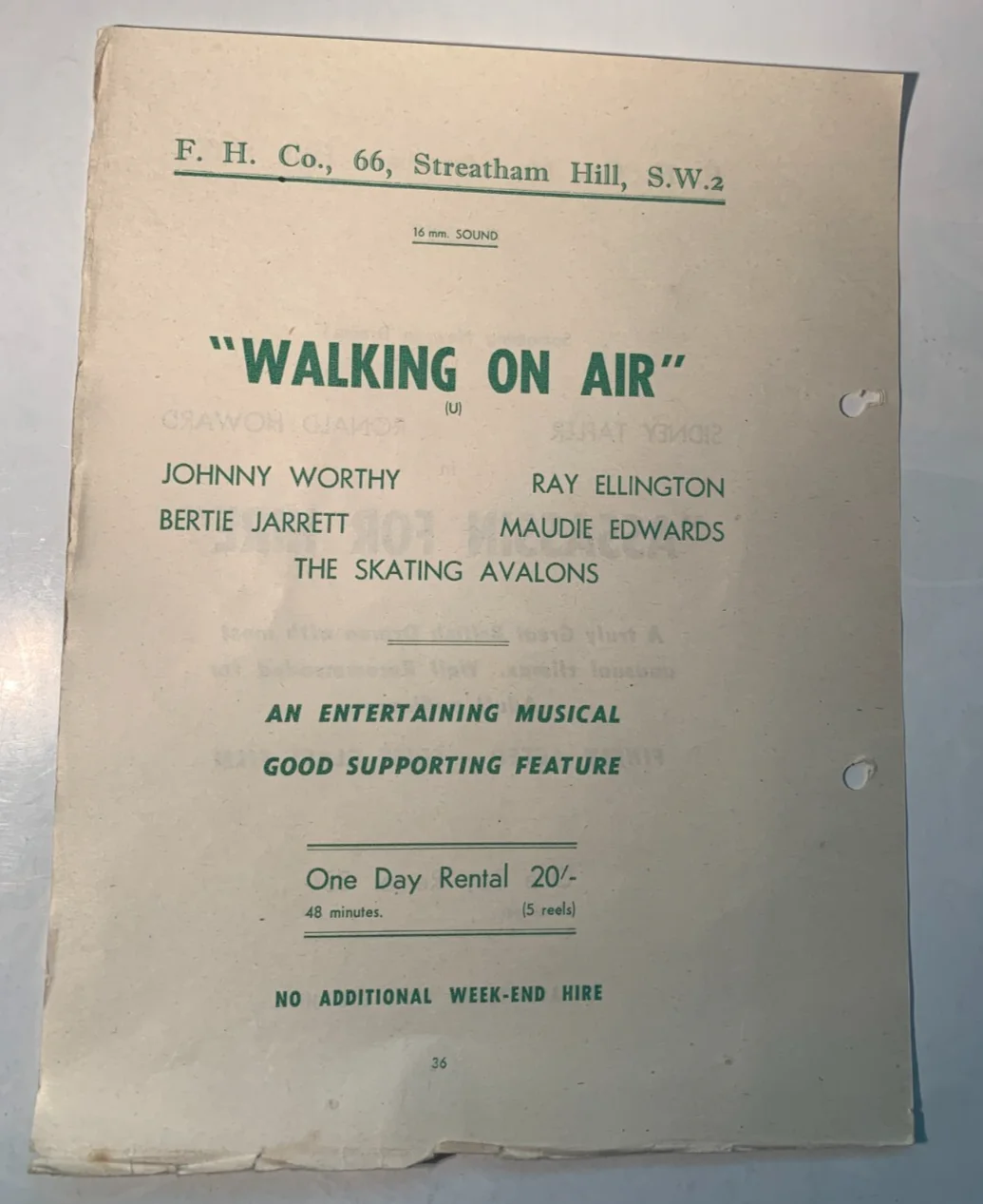 1950s Original British Cinema Rental Flyer: Assassin for Hire, Walking on Air, image 2