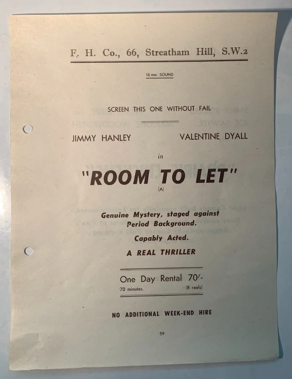 1940s-50s Rare Original British Cinema Rental Flyer - Jimmy Rogers, Jimmy Hanley, image 2