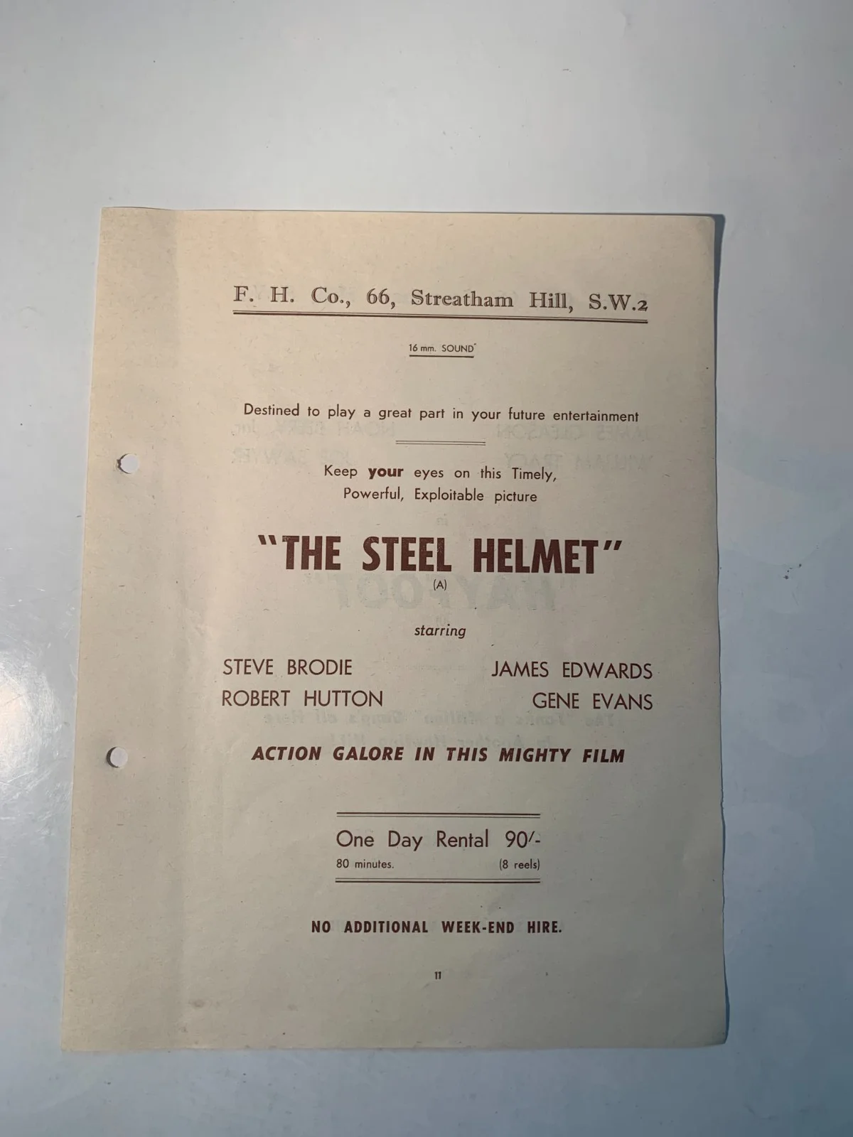 1950s Rare Original British Cinema Rental Flyer: Hayfoot, The Steel Helmet, изображение 2