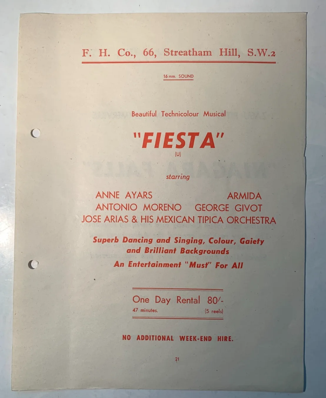 1950s Rare Original British Cinema Rental Flyer: Fiesta; Niagara Falls, изображение 2
