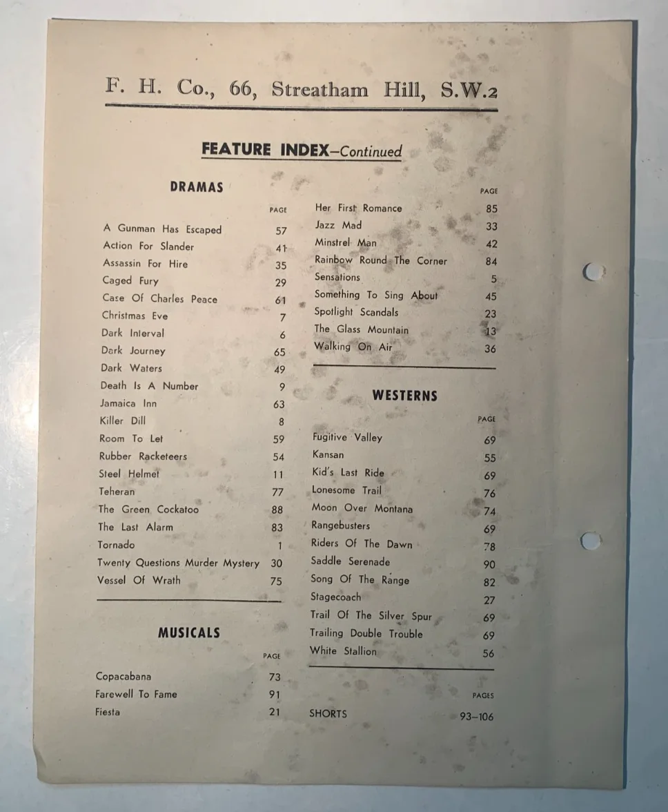 1950s Original Rare UK Cinema Rental Flyer Feature Index F H Co. London, изображение 2
