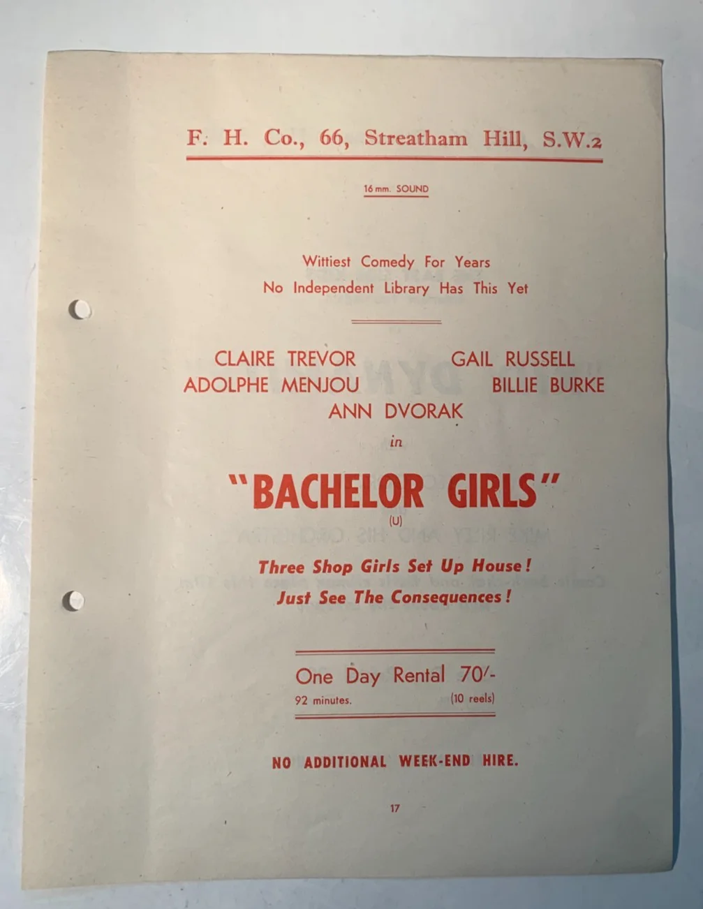 1950s Rare Original British Cinema Rental Flyer: Kid Dynamite, Ann Dvorak, изображение 2