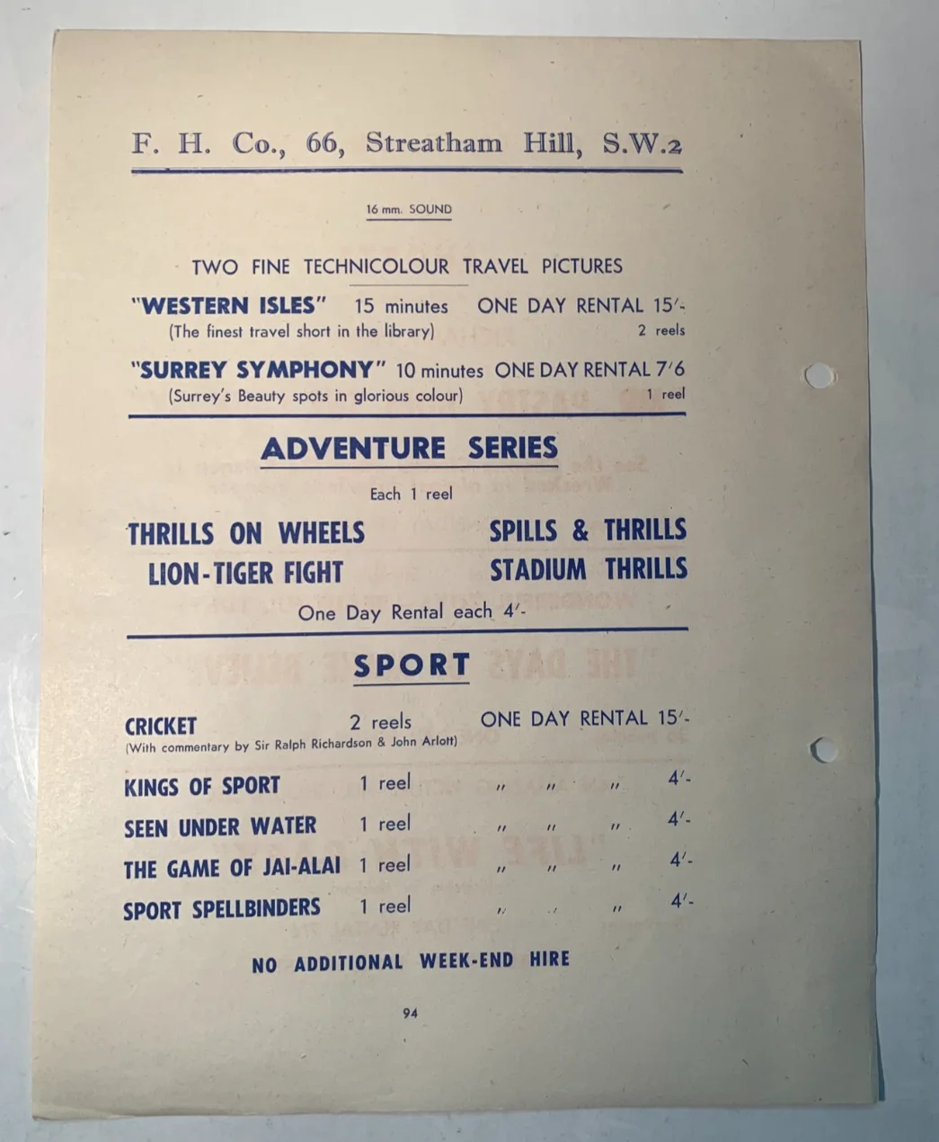 1950s Original Rare UK Cinema Rental Flyer: Film, Sports, Travel Shorts, изображение 2
