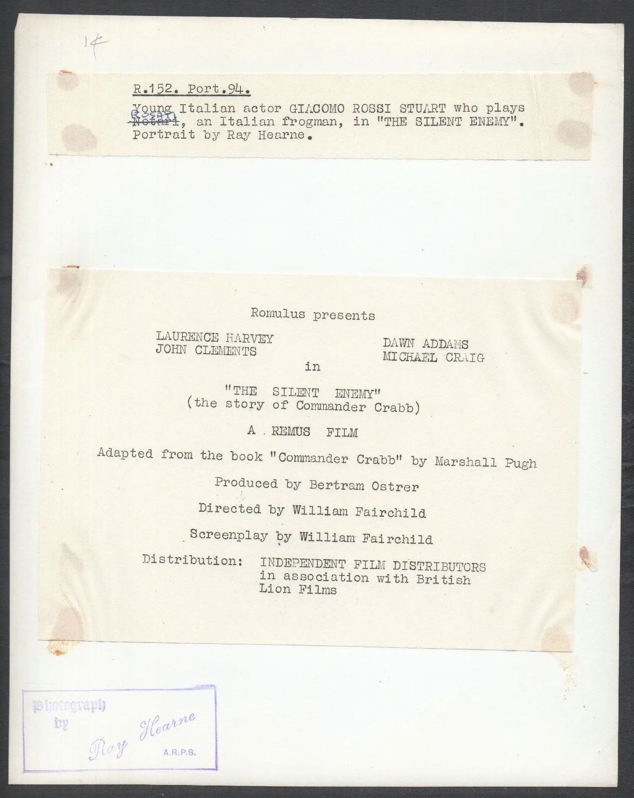 SILENT ENEMY 1958 Giacomo Rossi Stuart RAY HEARNE PORTRAIT #94, image 2