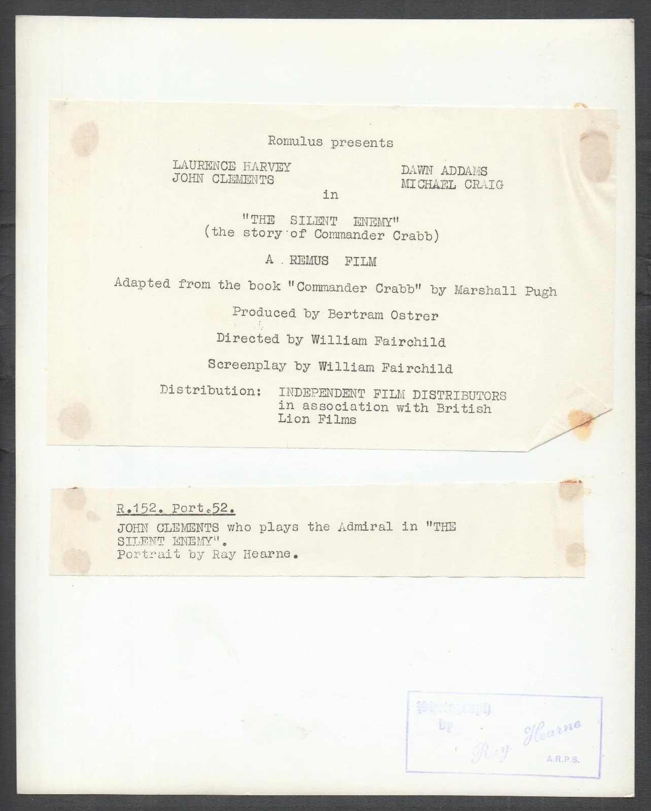 SILENT ENEMY 1958 John Clements RAY HEARNE Admiral 10x8 PORTRAIT #52, изображение 2