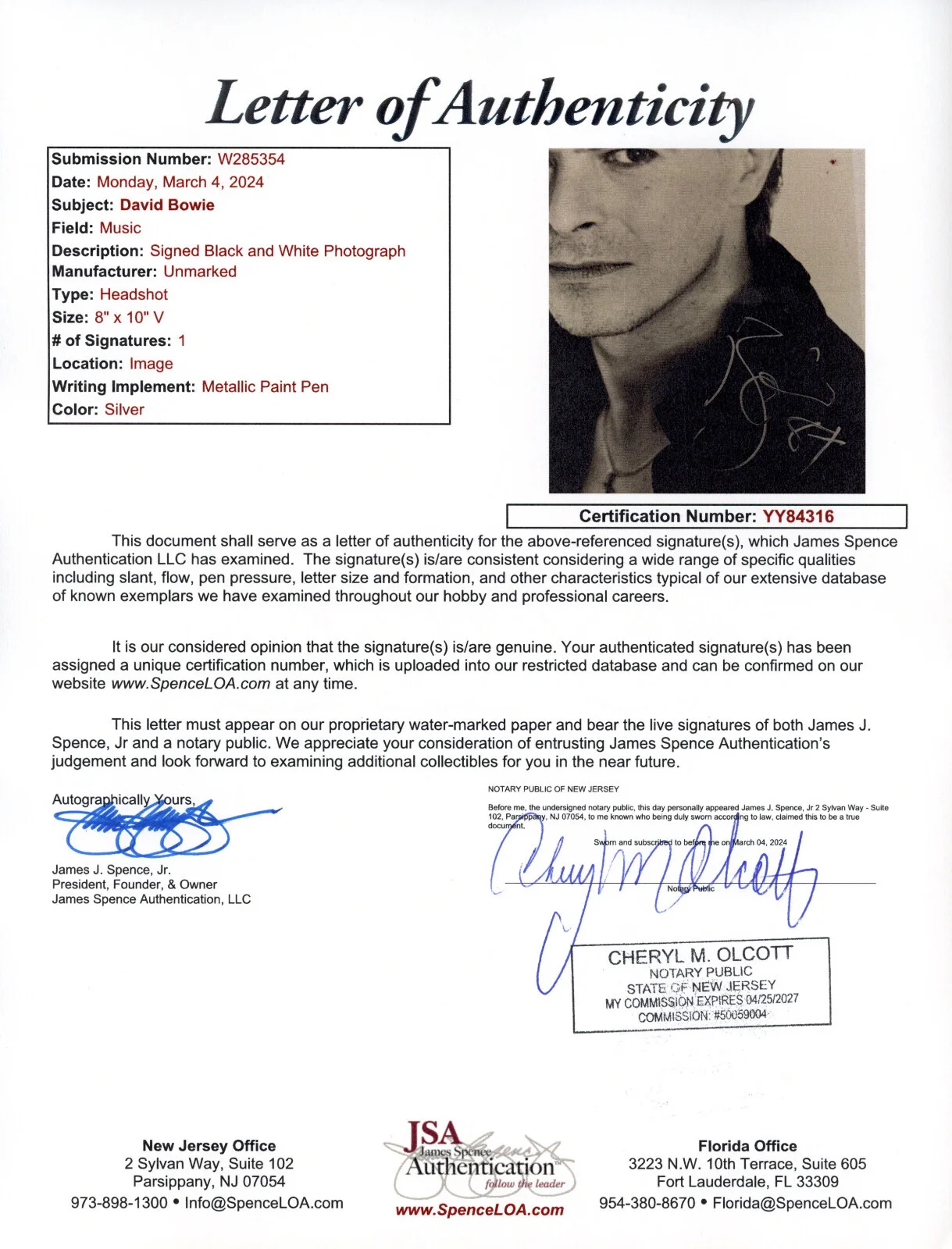 David Bowie — David Bowie Signed JSA LOA Autographed 8X10 Photo Autograph COA w/Date 1987, изображение 3